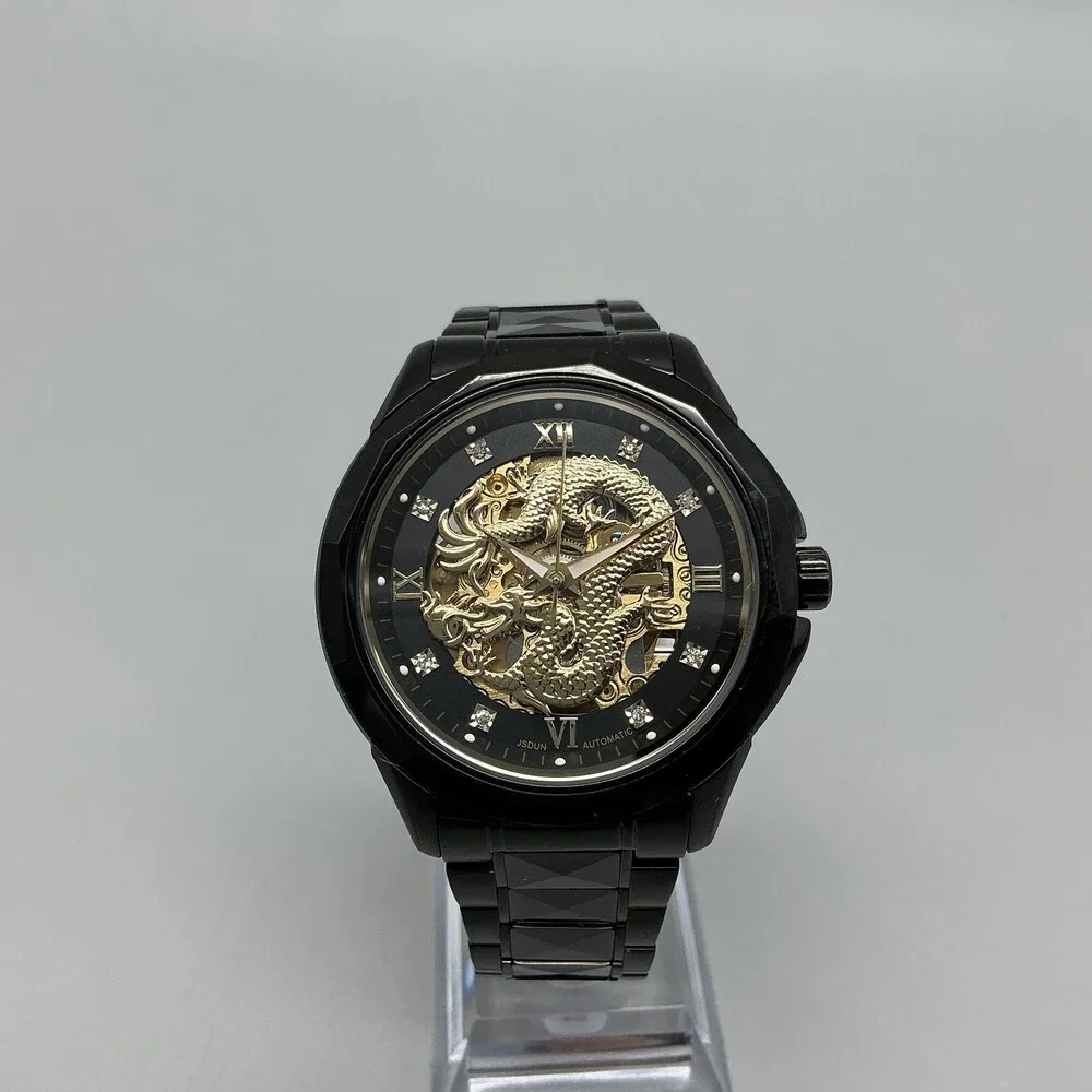 JSDUN Mens Watch 42mm Black Dragon Skeleton Dial Stainless Bracelet Automatic